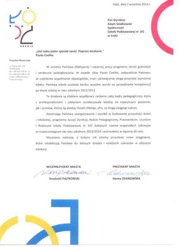 List gratulacyjny od Pani Prezydent H. Zdanowskiej